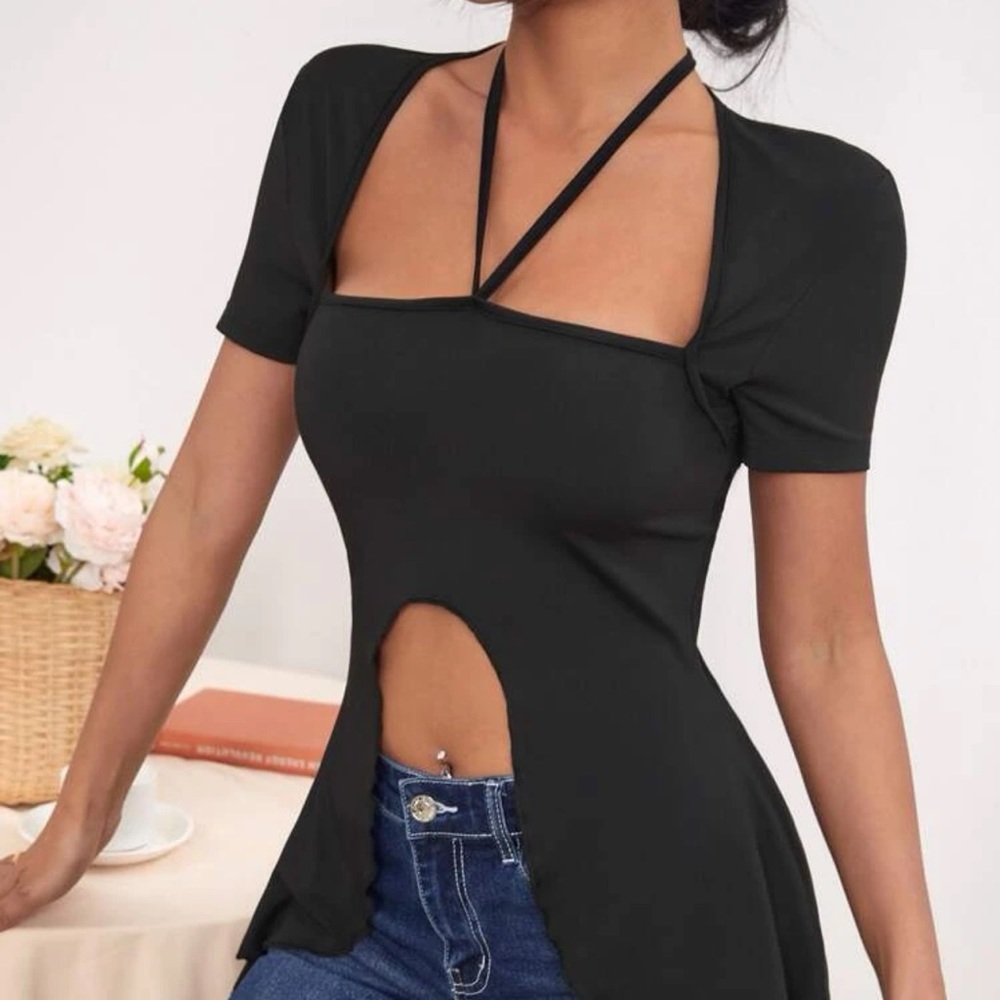 New Sexy Black Plain Asymmetrical Hem Tie Back Halter Short Sleeve Top - Picture 5 of 13